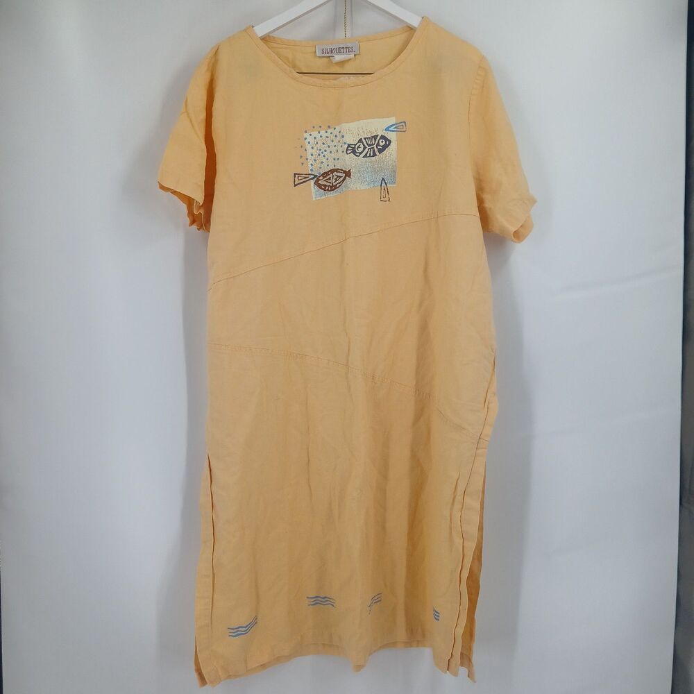 womans Silhouettes Vintage Yellow Short Sleeve T-Shirt Dress fish plus size 18